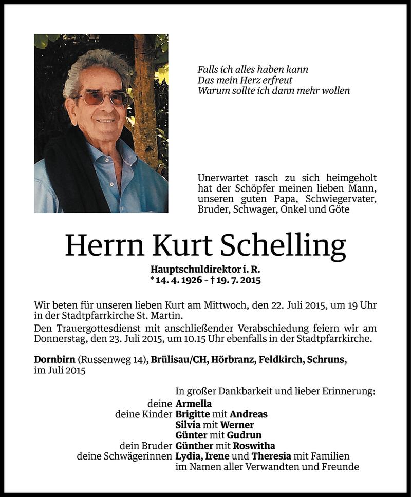  Todesanzeige für Kurt Schelling vom 20.07.2015 aus Vorarlberger Nachrichten