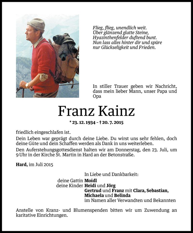  Todesanzeige für Franz Kainz vom 20.07.2015 aus Vorarlberger Nachrichten