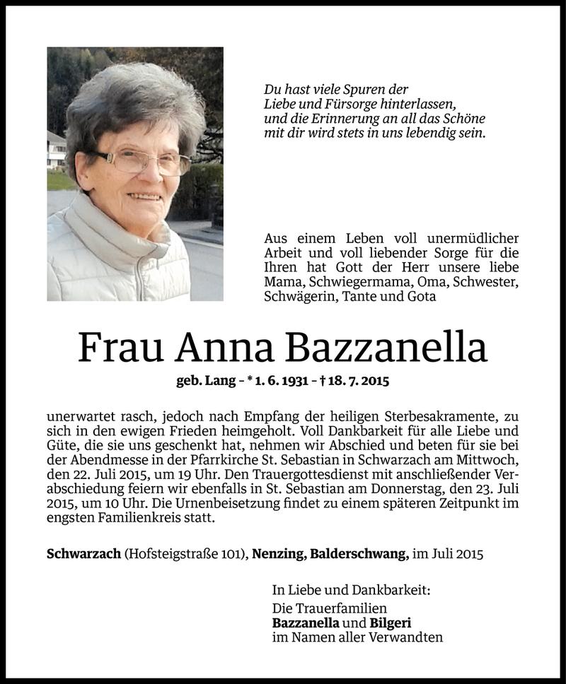  Todesanzeige für Anna Bazzanella vom 20.07.2015 aus Vorarlberger Nachrichten