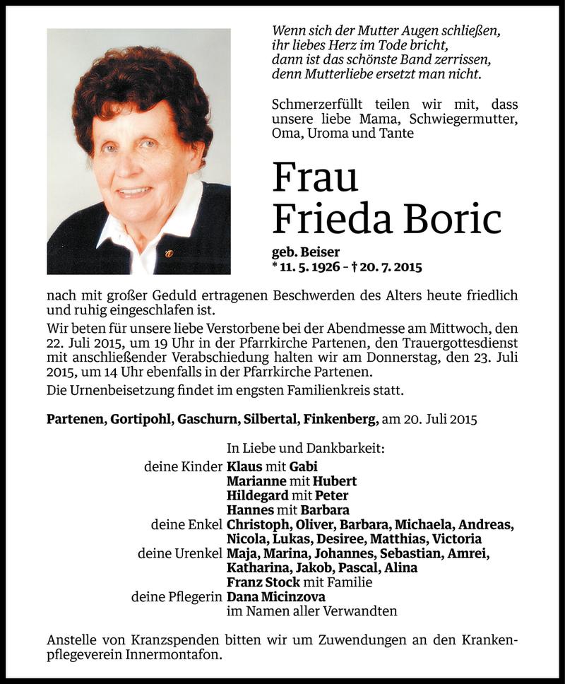  Todesanzeige für Frieda Boric vom 20.07.2015 aus Vorarlberger Nachrichten