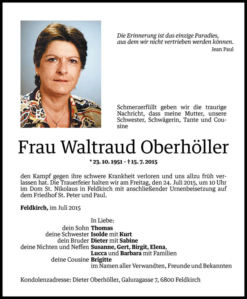  Todesanzeige für Waltraud Oberhöller vom 21.07.2015 aus Vorarlberger Nachrichten