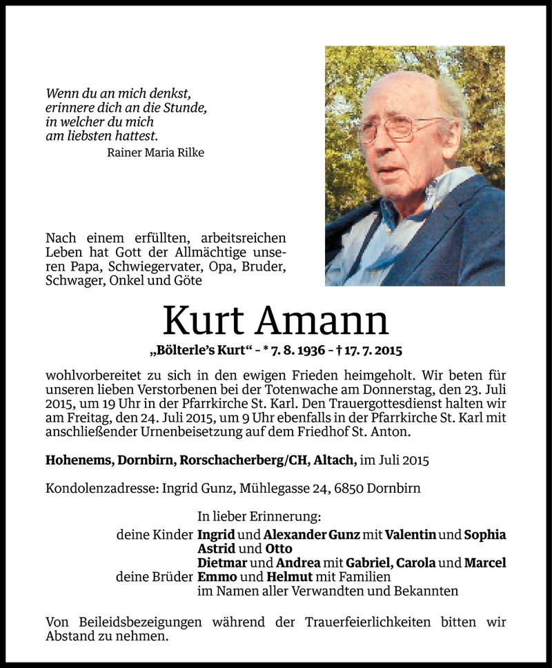  Todesanzeige für Kurt Amann vom 21.07.2015 aus Vorarlberger Nachrichten