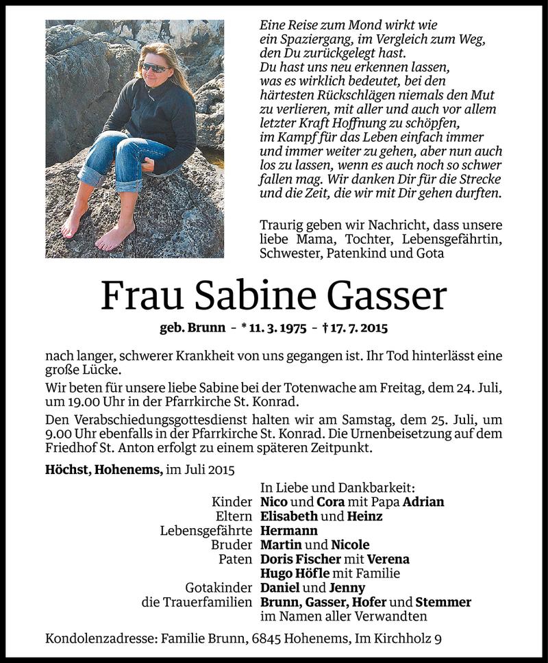  Todesanzeige für Sabine Gasser vom 22.07.2015 aus Vorarlberger Nachrichten