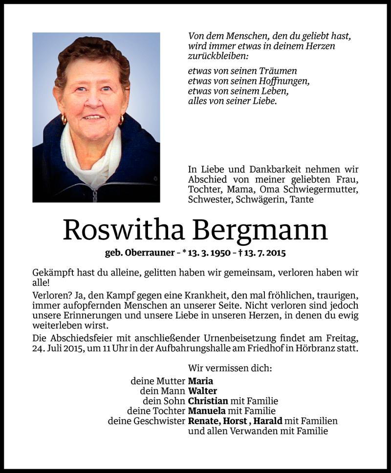  Todesanzeige für Roswitha Bergmann vom 21.07.2015 aus Vorarlberger Nachrichten