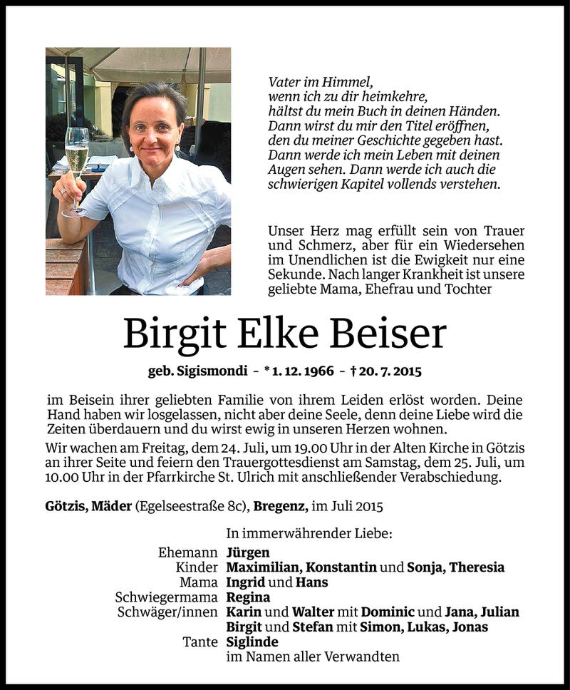  Todesanzeige für Birgit Elke Beiser vom 22.07.2015 aus Vorarlberger Nachrichten