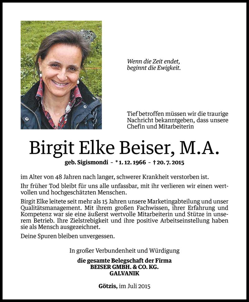  Todesanzeige für Birgit Elke Beiser vom 22.07.2015 aus Vorarlberger Nachrichten