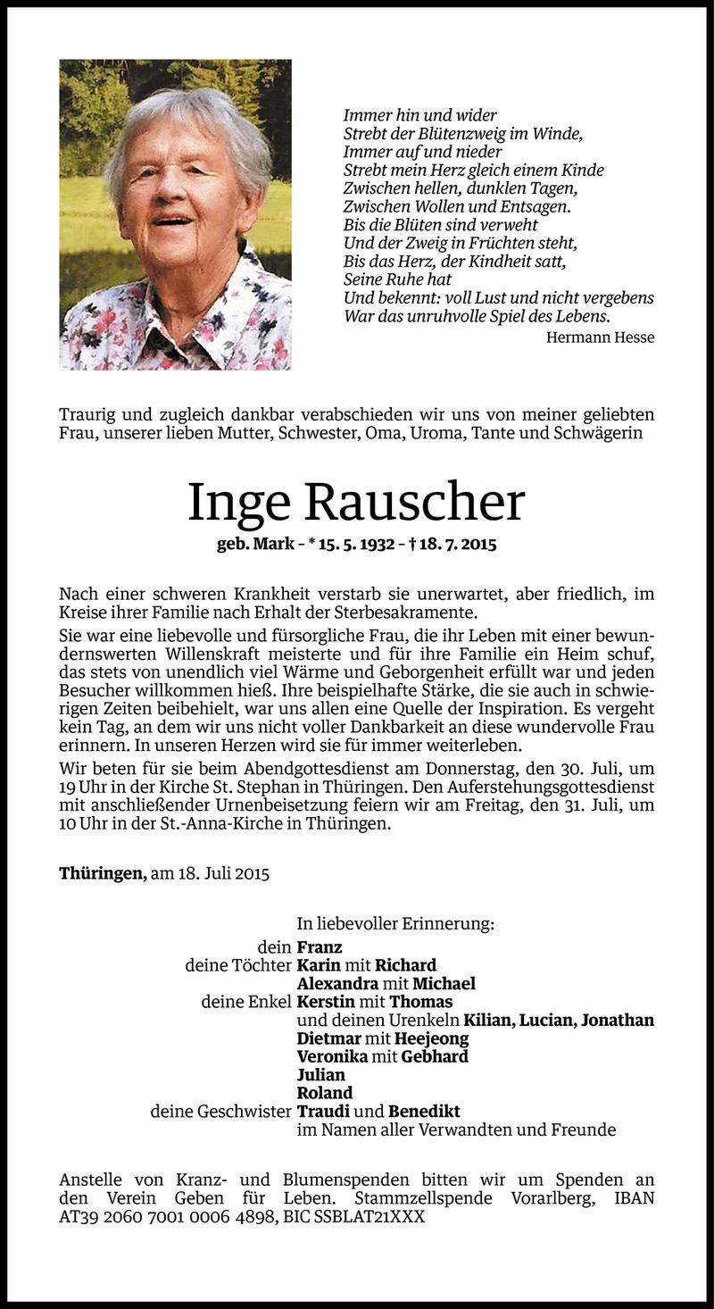  Todesanzeige für Inge Rauscher vom 24.07.2015 aus Vorarlberger Nachrichten