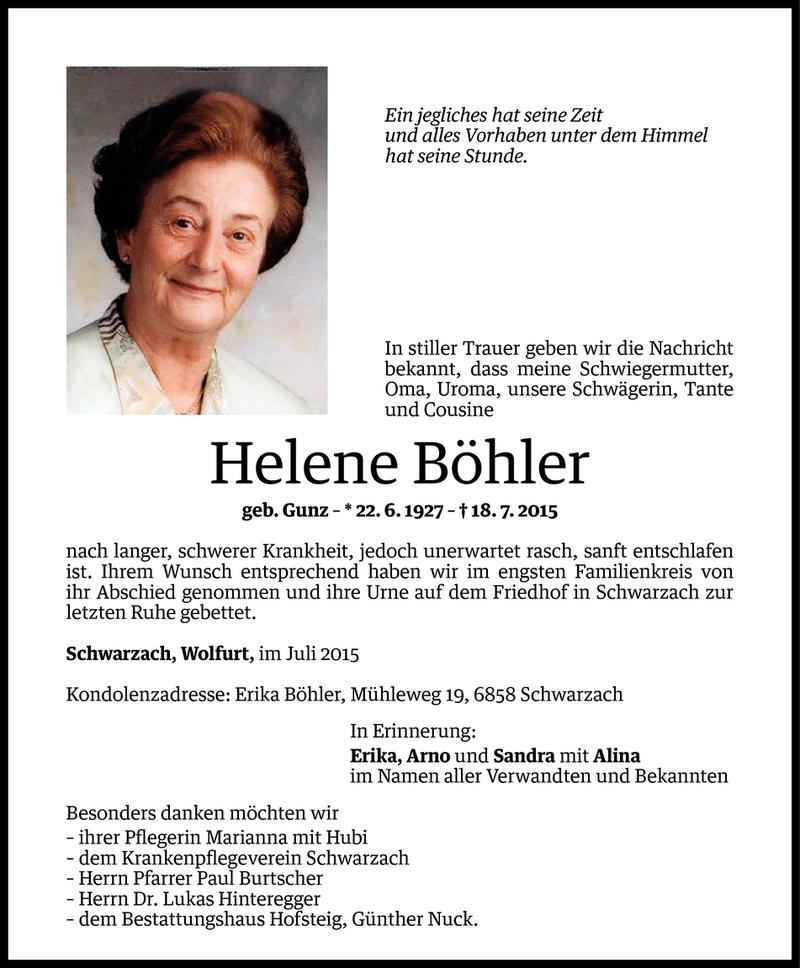  Todesanzeige für Helene Böhler vom 24.07.2015 aus Vorarlberger Nachrichten