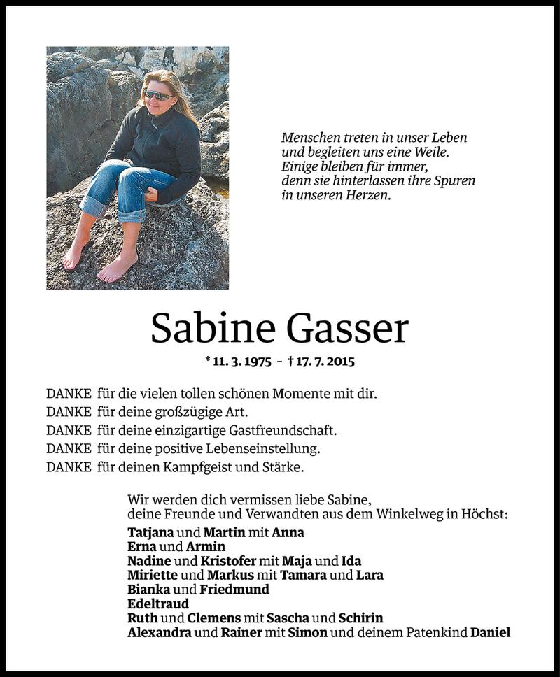  Todesanzeige für Sabine Gasser vom 23.07.2015 aus Vorarlberger Nachrichten