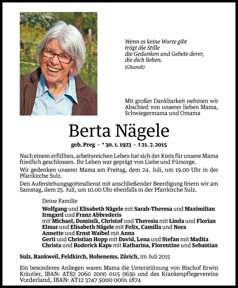  Todesanzeige für Berta Nägele vom 23.07.2015 aus Vorarlberger Nachrichten