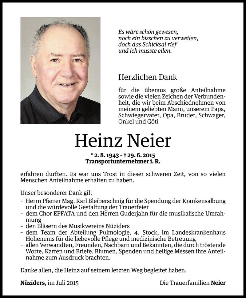  Todesanzeige für Heinz Neier vom 25.07.2015 aus Vorarlberger Nachrichten