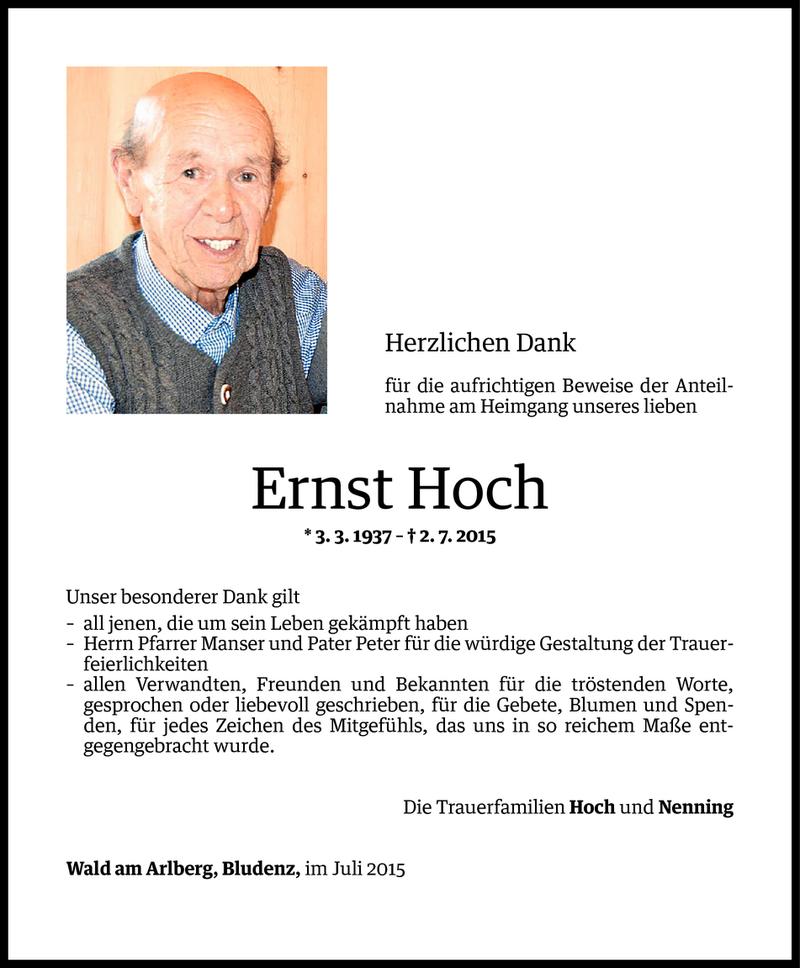  Todesanzeige für Ernst Hoch vom 24.07.2015 aus Vorarlberger Nachrichten