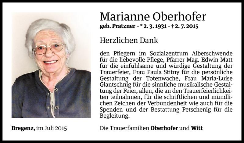  Todesanzeige für Marianne Oberhofer vom 23.07.2015 aus Vorarlberger Nachrichten
