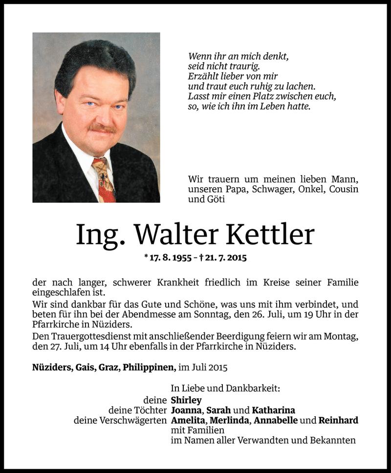  Todesanzeige für Walter Kettler vom 24.07.2015 aus Vorarlberger Nachrichten