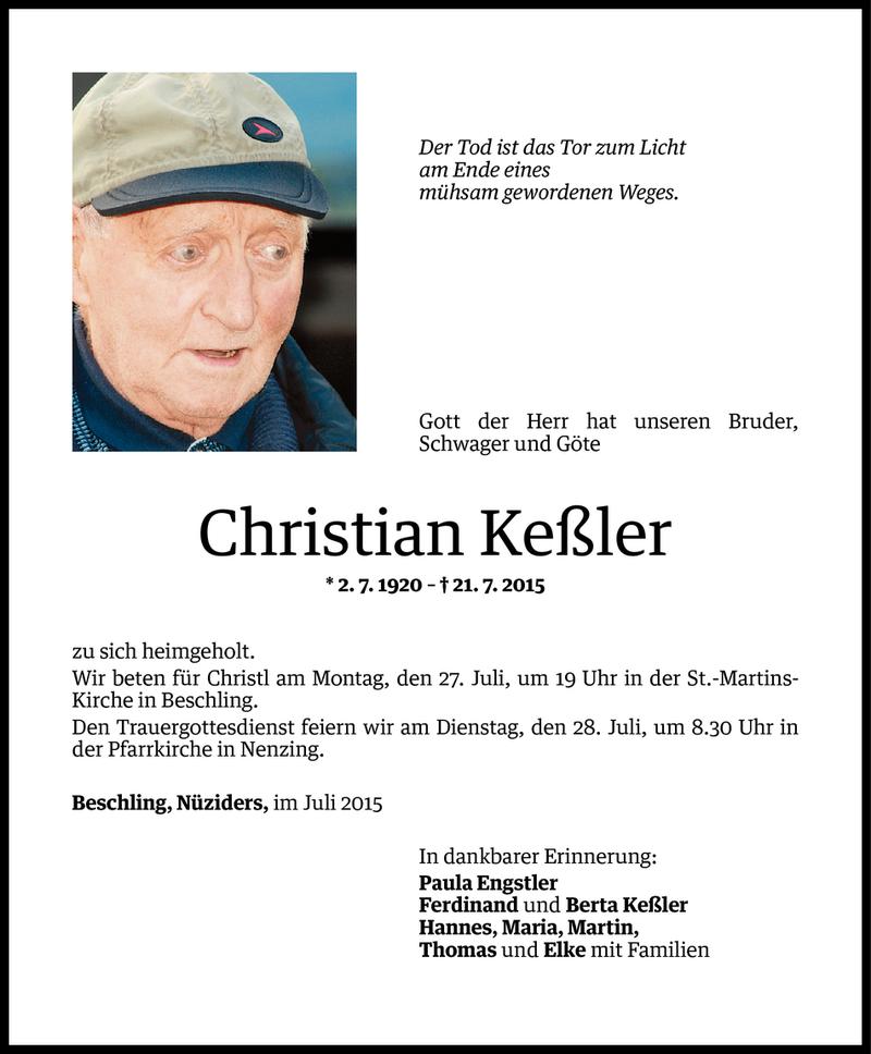  Todesanzeige für Christian Keßler vom 26.07.2015 aus Vorarlberger Nachrichten