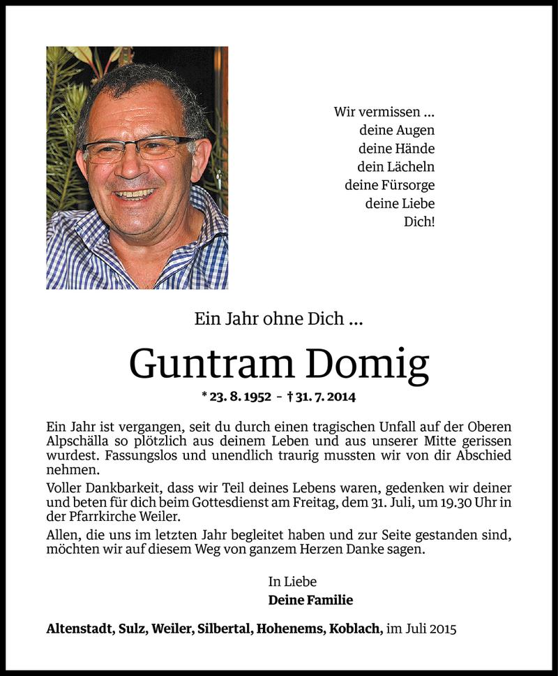  Todesanzeige für Guntram Domig vom 25.07.2015 aus Vorarlberger Nachrichten