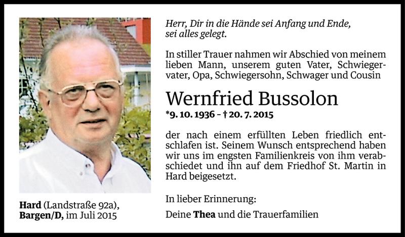  Todesanzeige für Wernfried Bussolon vom 23.07.2015 aus Vorarlberger Nachrichten