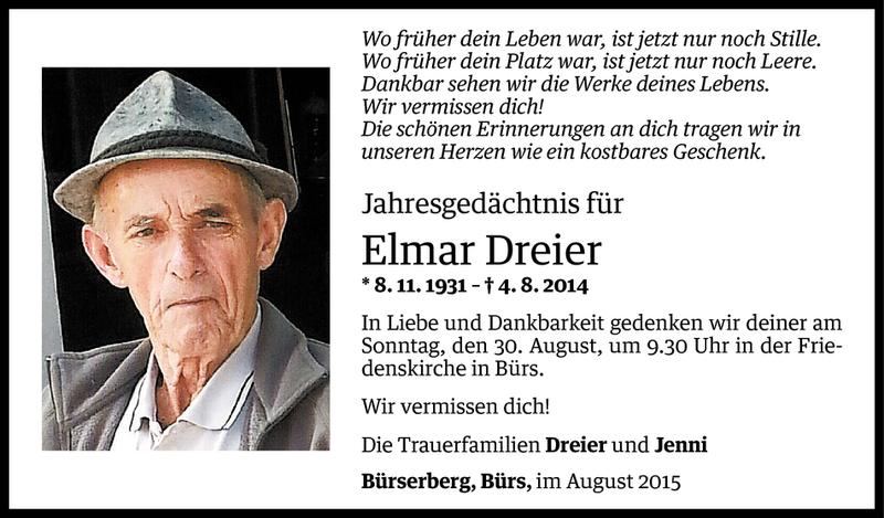  Todesanzeige für Elmar Dreier vom 27.08.2015 aus Vorarlberger Nachrichten