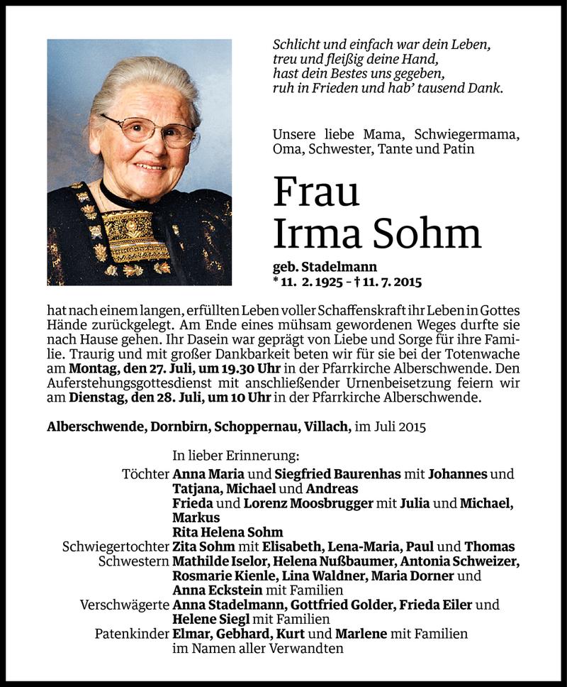  Todesanzeige für Irma Sohm vom 24.07.2015 aus Vorarlberger Nachrichten