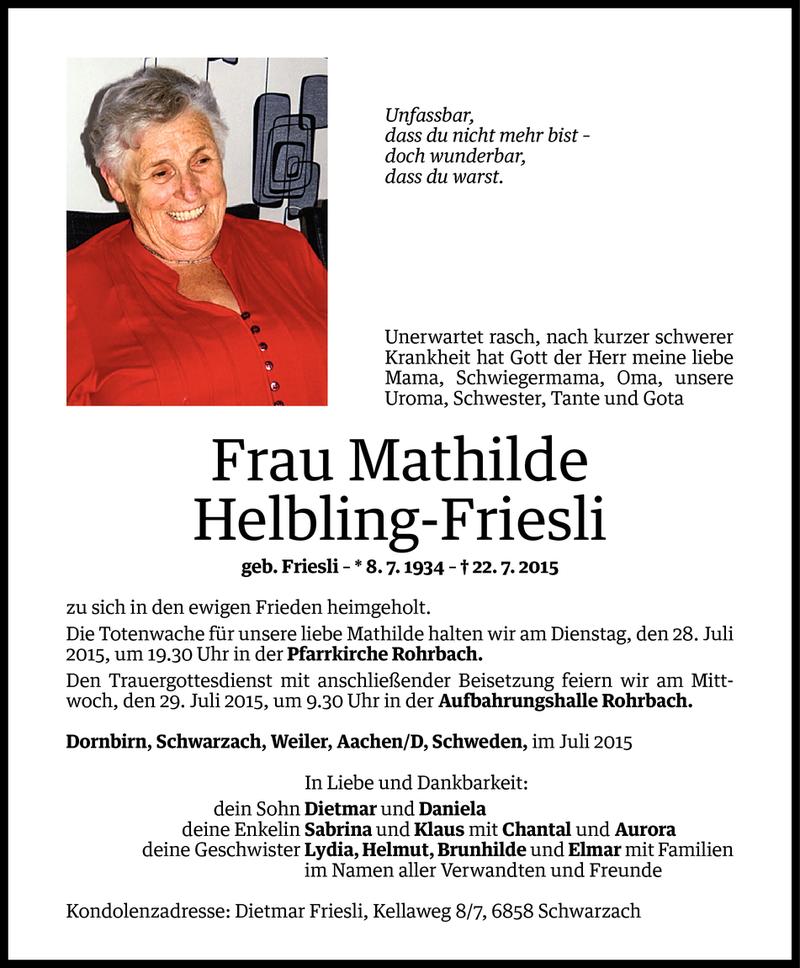  Todesanzeige für Mathilde Helbling-Friesli vom 24.07.2015 aus Vorarlberger Nachrichten