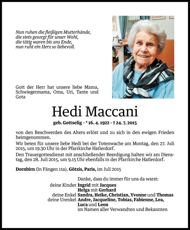  Todesanzeige für Hedi Maccani vom 24.07.2015 aus Vorarlberger Nachrichten