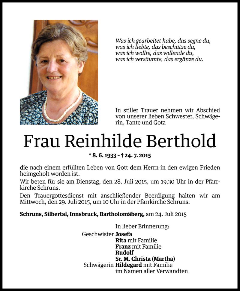  Todesanzeige für Reinhilde Berthold vom 24.07.2015 aus Vorarlberger Nachrichten