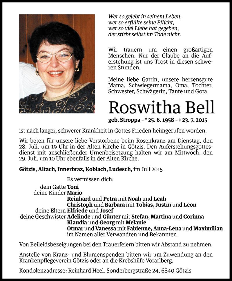  Todesanzeige für Roswitha Bell vom 26.07.2015 aus Vorarlberger Nachrichten