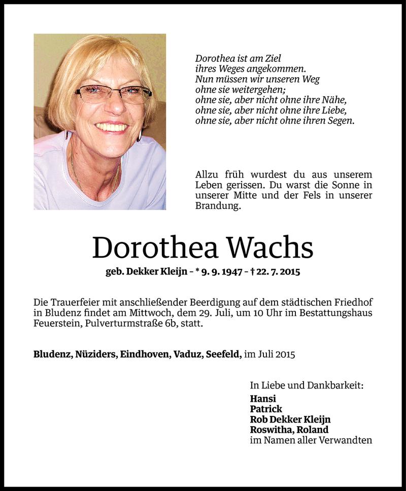  Todesanzeige für Dorothea Wachs vom 27.07.2015 aus Vorarlberger Nachrichten