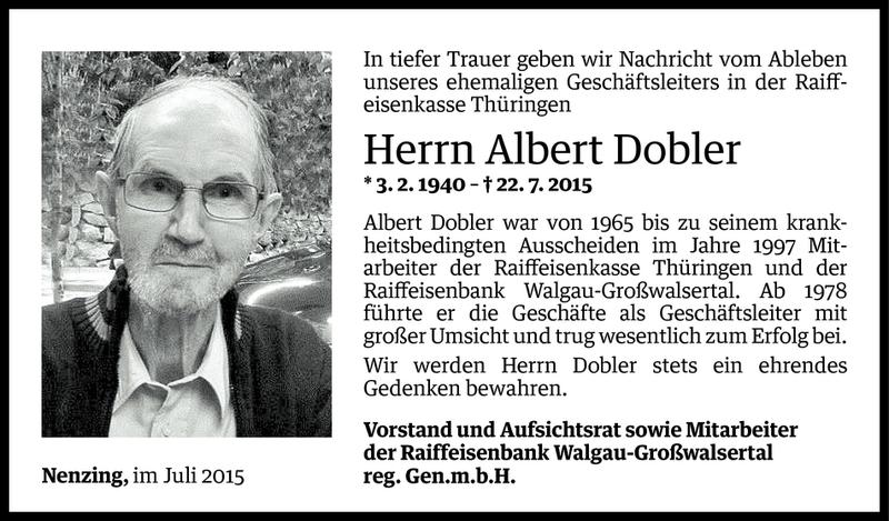  Todesanzeige für Albert Dobler vom 26.07.2015 aus Vorarlberger Nachrichten