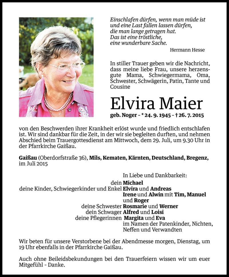  Todesanzeige für Elvira Maier vom 26.07.2015 aus Vorarlberger Nachrichten