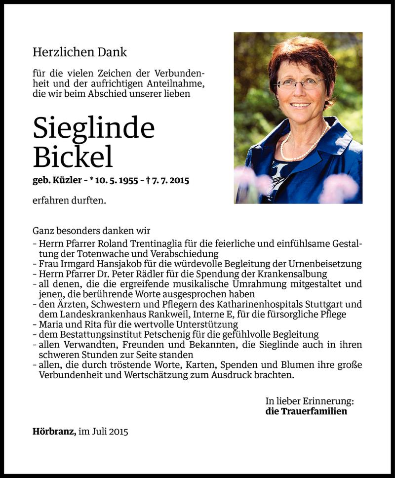  Todesanzeige für Sieglinde Bickel vom 27.07.2015 aus Vorarlberger Nachrichten