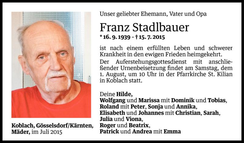  Todesanzeige für Franz Stadlbauer vom 27.07.2015 aus Vorarlberger Nachrichten