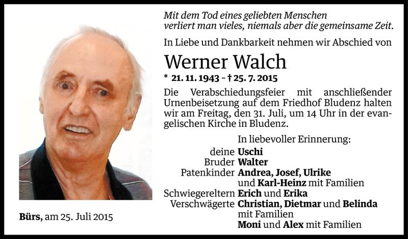  Todesanzeige für Werner Walch vom 27.07.2015 aus Vorarlberger Nachrichten