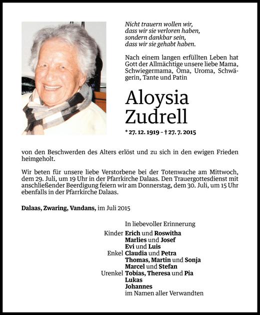 Todesanzeige von Aloysia Zudrell von Vorarlberger Nachrichten