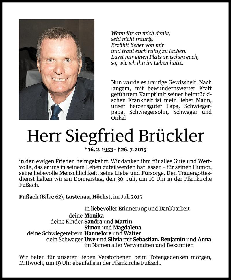  Todesanzeige für Siegfried Brückler vom 27.07.2015 aus Vorarlberger Nachrichten