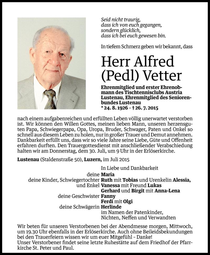  Todesanzeige für Alfred Vetter vom 27.07.2015 aus Vorarlberger Nachrichten