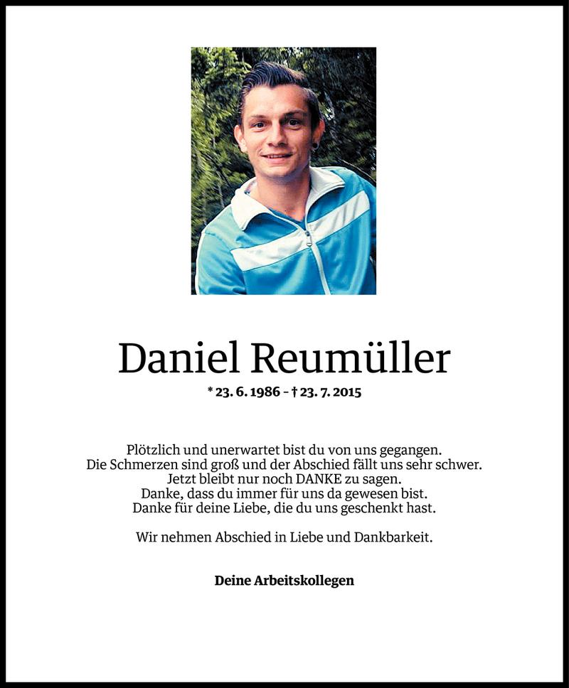  Todesanzeige für Daniel Reumüller vom 28.07.2015 aus Vorarlberger Nachrichten