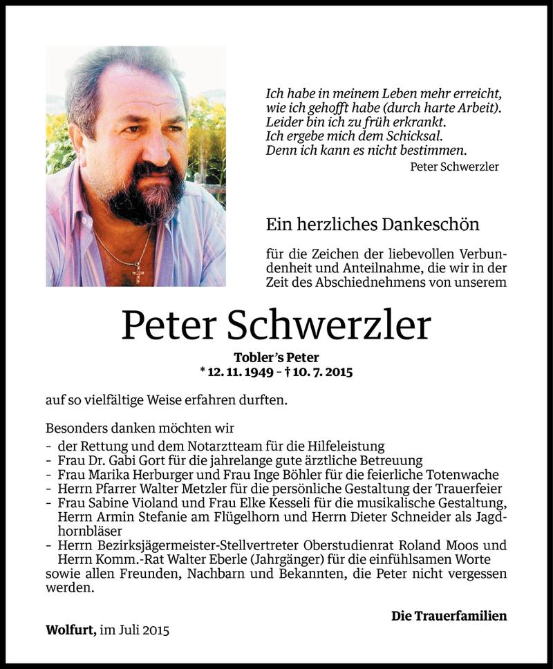  Todesanzeige für Peter Schwerzler vom 28.07.2015 aus Vorarlberger Nachrichten