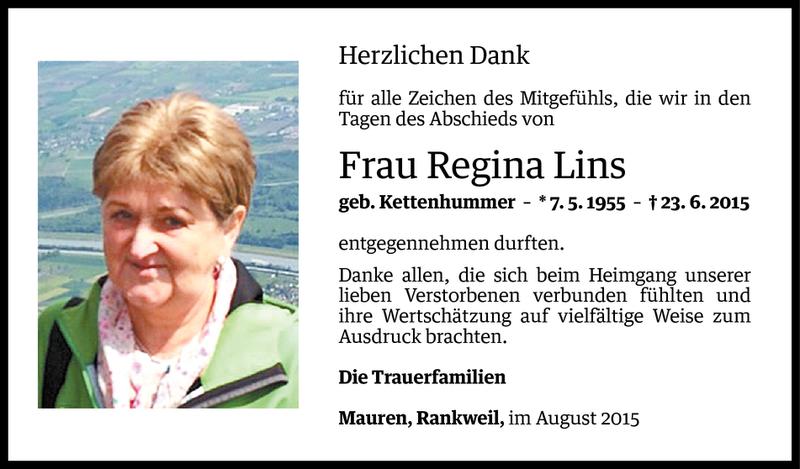  Todesanzeige für Regina Lins vom 01.08.2015 aus Vorarlberger Nachrichten