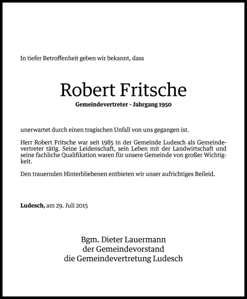  Todesanzeige für Robert Fritsche vom 29.07.2015 aus Vorarlberger Nachrichten