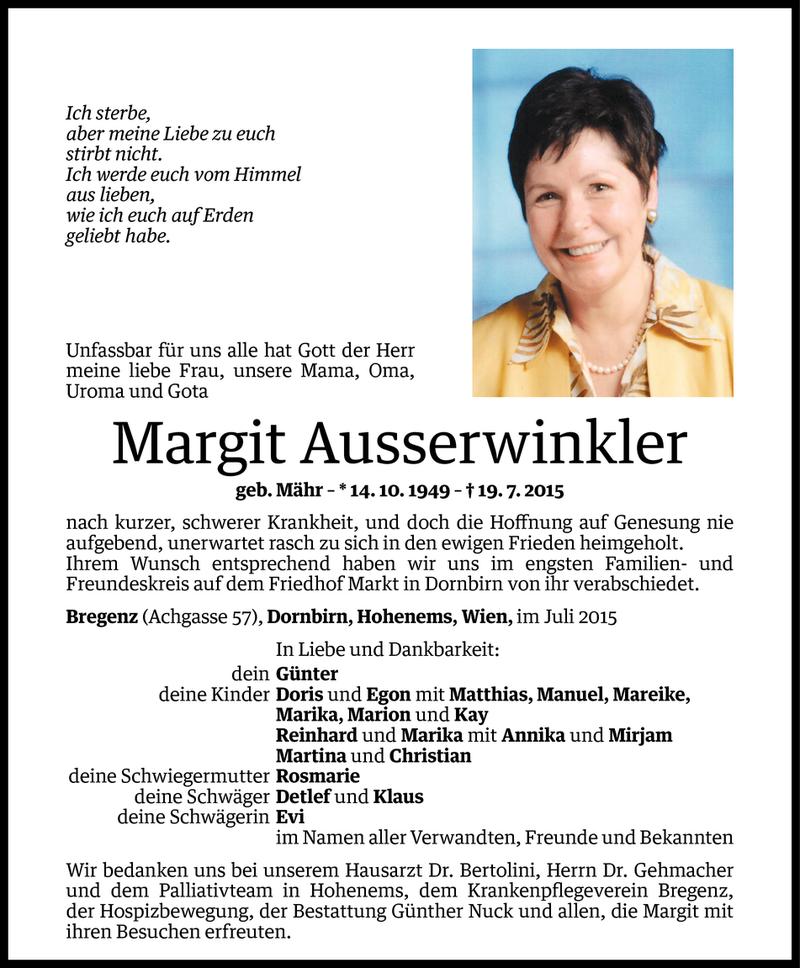  Todesanzeige für Margit Ausserwinkler vom 28.07.2015 aus Vorarlberger Nachrichten