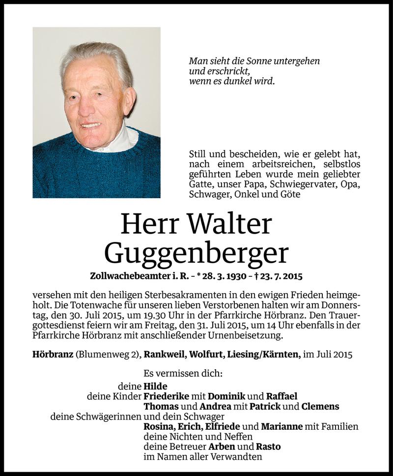  Todesanzeige für Walter Guggenberger vom 28.07.2015 aus Vorarlberger Nachrichten