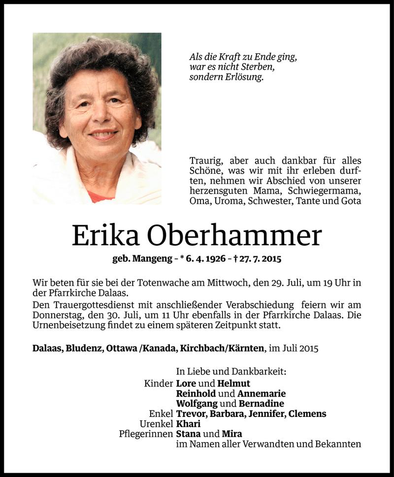  Todesanzeige für Erika Oberhammer vom 29.07.2015 aus Vorarlberger Nachrichten