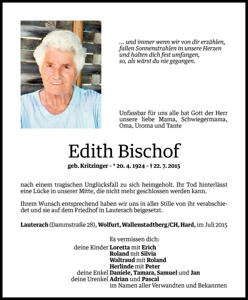  Todesanzeige für Edith Bischof vom 30.07.2015 aus Vorarlberger Nachrichten