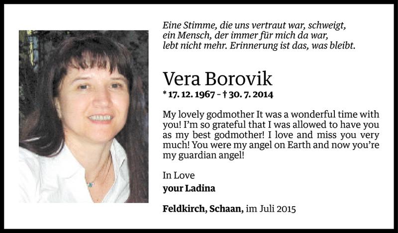  Todesanzeige für Vera Borovik vom 29.07.2015 aus Vorarlberger Nachrichten