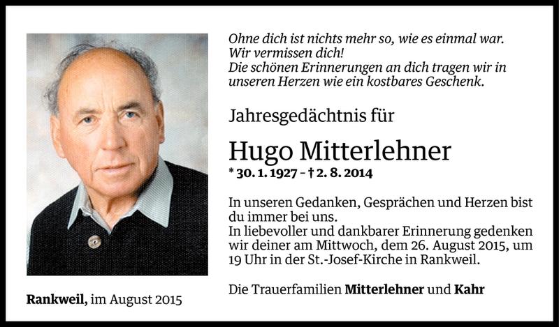  Todesanzeige für Hugo Mitterlehner vom 31.07.2015 aus Vorarlberger Nachrichten