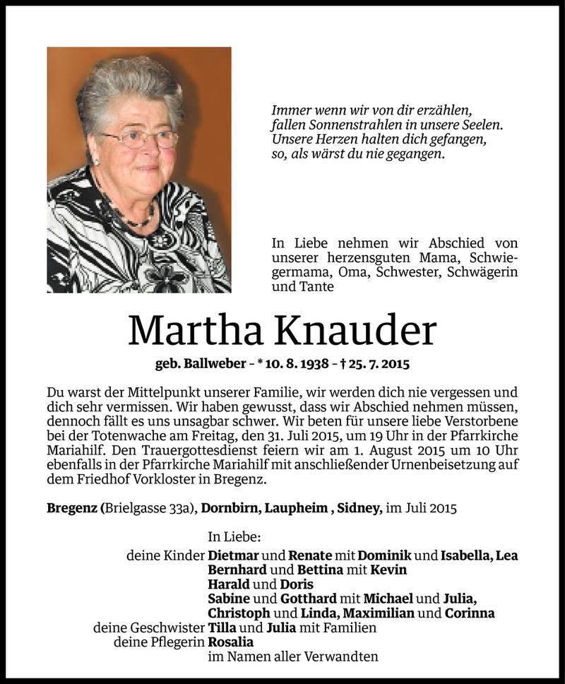  Todesanzeige für Martha Knauder vom 29.07.2015 aus Vorarlberger Nachrichten