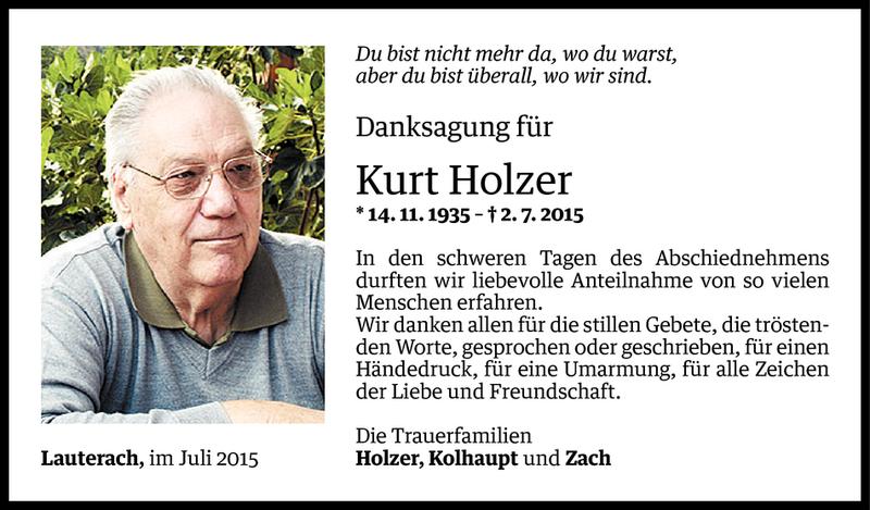  Todesanzeige für Kurt Holzer vom 31.07.2015 aus Vorarlberger Nachrichten