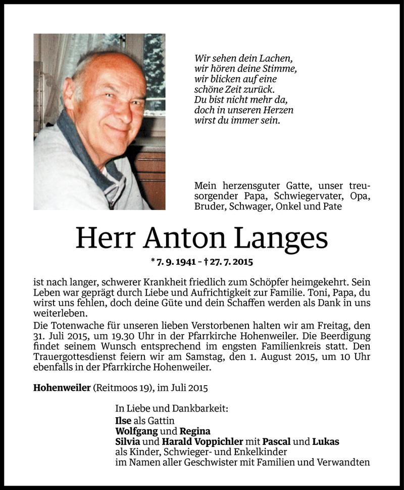  Todesanzeige für Anton Langes vom 29.07.2015 aus Vorarlberger Nachrichten