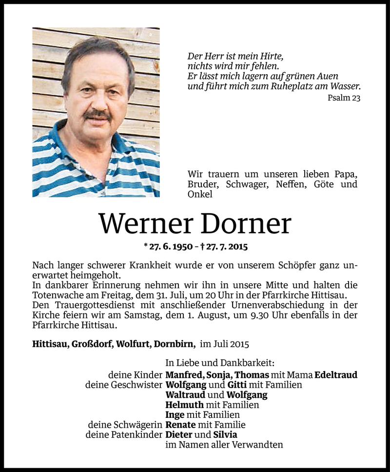  Todesanzeige für Werner Dorner vom 29.07.2015 aus Vorarlberger Nachrichten